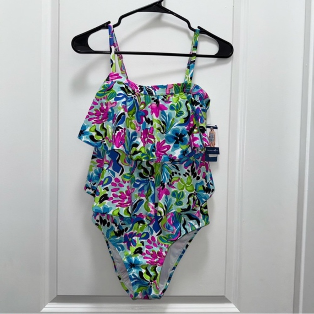 NWT Caribbean Joe Tropical Print Ruffle One Piece Swimsuit